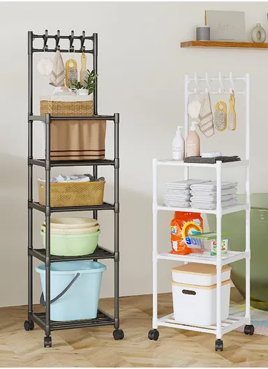 5-Layer Kitchen Utility Storage Rack with Wheels &amp; Hanging Hooks YL8107-5 (L42 x W35 x H152)cm - Black