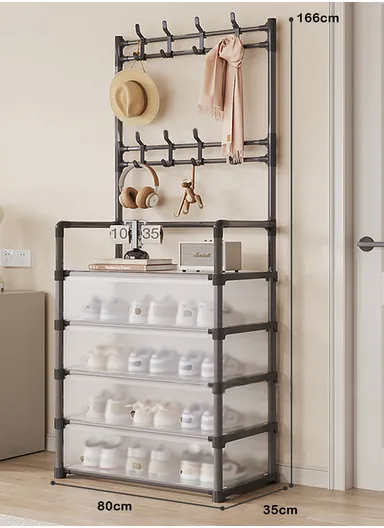 5-Layer Multi-functional Storage Rack with Hooks &amp; Hanging Bar (L80 x W35 x H166)cm - Black