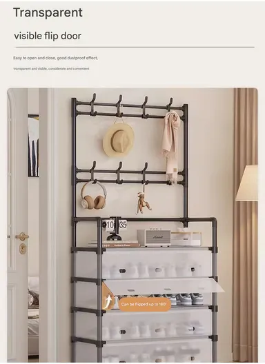 5-Layer Multi-functional Storage Rack with Hooks &amp; Hanging Bar (L80 x W35 x H166)cm - Black