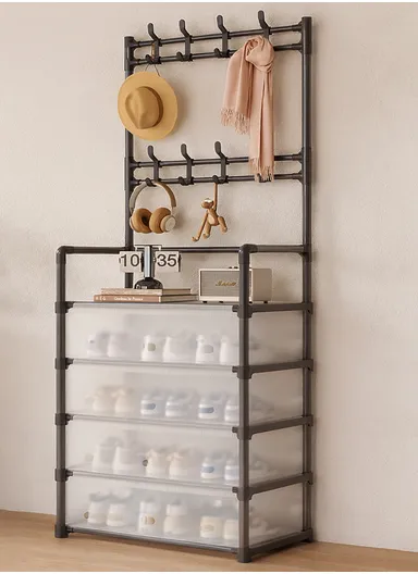5-Layer Multi-functional Storage Rack with Hooks &amp; Hanging Bar (L80 x W35 x H166)cm - Black