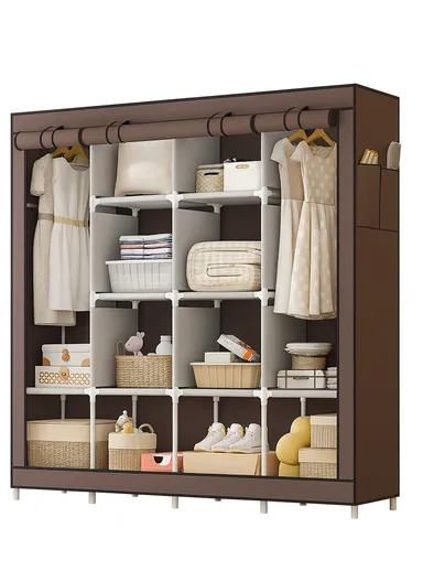 Non-Woven Fabric Cloth Boxes Cabinet with 2 Hanging Rail, Multi-Use Large Space Dustproof Cloth Boxes Cabinet with Side Pocket YH88170A (W170 x D45 x H170)cm - Coffee / Style 1