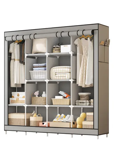 Non-Woven Fabric Cloth Boxes Cabinet with 2 Hanging Rail, Multi-Use Large Space Dustproof Cloth Boxes Cabinet with Side Pocket YH88170A (W170 x D45 x H170)cm - Grey / Style 1