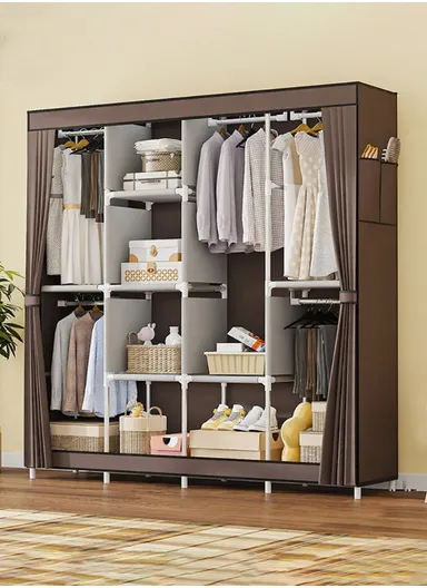 Non-Woven Fabric Cloth Boxes Cabinet with 5 Hanging Rail, Multi-Use Large Space Dustproof Cloth Boxes Cabinet with Side Pocket YH88170C (W170 x D45 x H170)cm - Coffee / Style 3