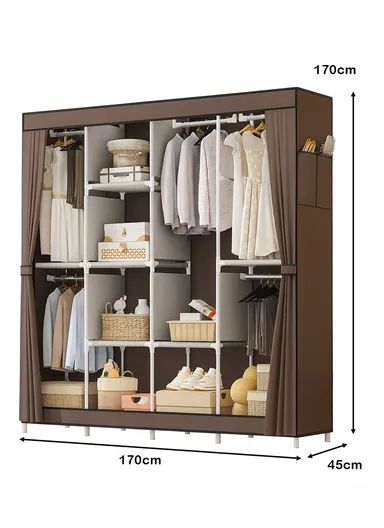Non-Woven Fabric Cloth Boxes Cabinet with 5 Hanging Rail, Multi-Use Large Space Dustproof Cloth Boxes Cabinet with Side Pocket YH88170C (W170 x D45 x H170)cm - Coffee / Style 3