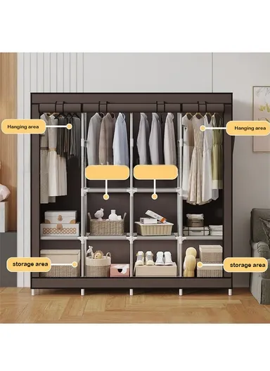 Non-Woven Fabric Cloth Boxes Cabinet with 5 Hanging Rail, Multi-Use Large Space Dustproof Cloth Boxes Cabinet with Side Pocket YH88170C (W170 x D45 x H170)cm - Coffee / Style 3