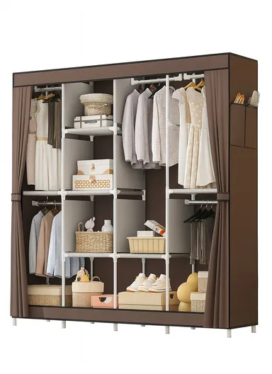 Non-Woven Fabric Cloth Boxes Cabinet with 5 Hanging Rail, Multi-Use Large Space Dustproof Cloth Boxes Cabinet with Side Pocket YH88170C (W170 x D45 x H170)cm - Coffee / Style 3