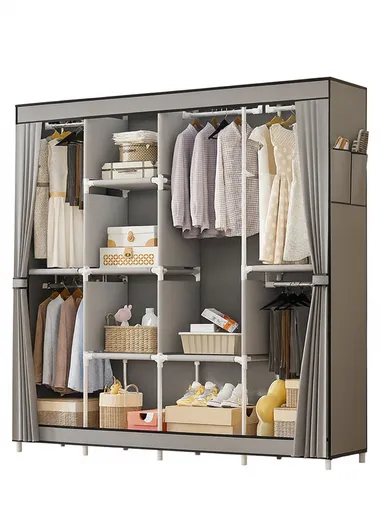 Non-Woven Fabric Cloth Boxes Cabinet with 5 Hanging Rail, Multi-Use Large Space Dustproof Cloth Boxes Cabinet with Side Pocket YH88170C (W170 x D45 x H170)cm - Grey / Style 3