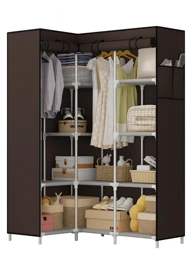 Non-Woven L-Shaped Corner Fabric Cloth Boxes Cabinet with 5 Hanging Rail, Multi-Use Large Space Dustproof Corner Cloth Boxes Cabinet with Side Pocket YH7703 (W165 x D45 x H125)cm - Coffee