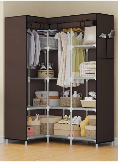 Non-Woven L-Shaped Corner Fabric Cloth Boxes Cabinet with 5 Hanging Rail, Multi-Use Large Space Dustproof Corner Cloth Boxes Cabinet with Side Pocket YH7703 (W165 x D45 x H125)cm - Coffee