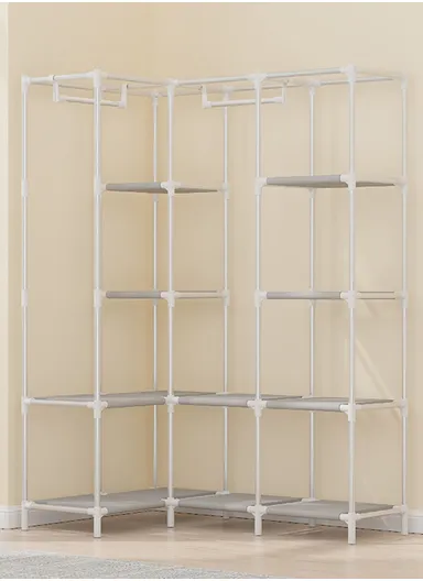 Non-Woven L-Shaped Corner Fabric Cloth Boxes Cabinet with 5 Hanging Rail, Multi-Use Large Space Dustproof Corner Cloth Boxes Cabinet with Side Pocket YH7703 (W165 x D45 x H125)cm - Coffee