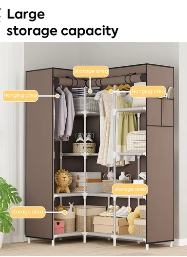 Non-Woven L-Shaped Corner Fabric Cloth Boxes Cabinet with 5 Hanging Rail, Multi-Use Large Space Dustproof Corner Cloth Boxes Cabinet with Side Pocket YH7703 (W165 x D45 x H125)cm - Coffee