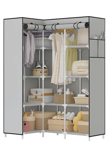 Non-Woven L-Shaped Corner Fabric Cloth Boxes Cabinet with 5 Hanging Rail, Multi-Use Large Space Dustproof Corner Cloth Boxes Cabinet with Side Pocket YH7703 (W165 x D45 x H125)cm - Grey