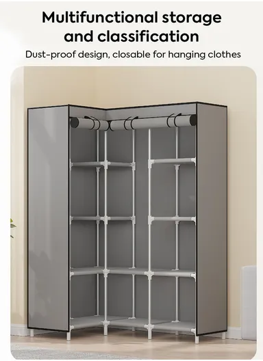 Non-Woven L-Shaped Corner Fabric Cloth Boxes Cabinet with 5 Hanging Rail, Multi-Use Large Space Dustproof Corner Cloth Boxes Cabinet with Side Pocket YH7703 (W165 x D45 x H125)cm - Grey