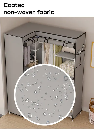 Non-Woven L-Shaped Corner Fabric Cloth Boxes Cabinet with 5 Hanging Rail, Multi-Use Large Space Dustproof Corner Cloth Boxes Cabinet with Side Pocket YH7703 (W165 x D45 x H125)cm - Grey