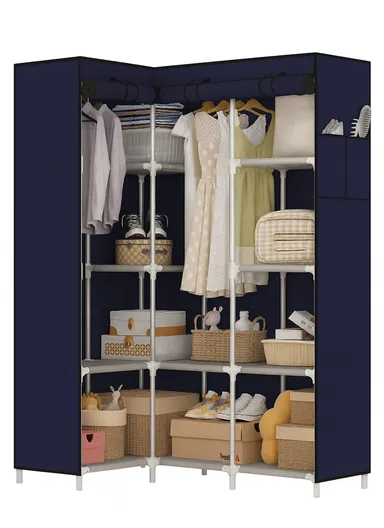 Non-Woven L-Shaped Corner Fabric Cloth Boxes Cabinet with 5 Hanging Rail, Multi-Use Large Space Dustproof Corner Cloth Boxes Cabinet with Side Pocket YH7703 (W165 x D45 x H125)cm - Navy