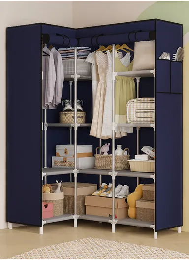Non-Woven L-Shaped Corner Fabric Cloth Boxes Cabinet with 5 Hanging Rail, Multi-Use Large Space Dustproof Corner Cloth Boxes Cabinet with Side Pocket YH7703 (W165 x D45 x H125)cm - Navy