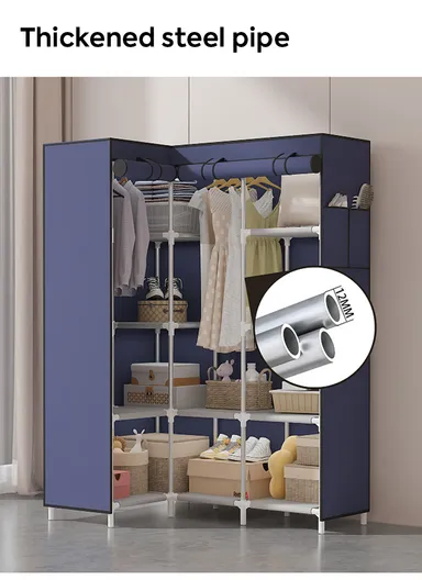 Non-Woven L-Shaped Corner Fabric Cloth Boxes Cabinet with 5 Hanging Rail, Multi-Use Large Space Dustproof Corner Cloth Boxes Cabinet with Side Pocket YH7703 (W165 x D45 x H125)cm - Navy