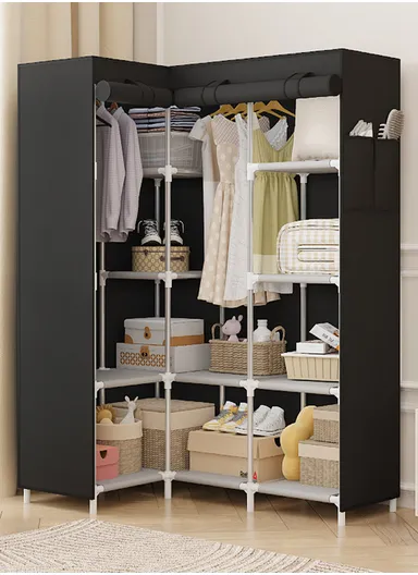 Non-Woven L-Shaped Corner Fabric Cloth Boxes Cabinet with 5 Hanging Rail, Multi-Use Large Space Dustproof Corner Cloth Boxes Cabinet with Side Pocket YH7703 (W165 x D45 x H125)cm - Black