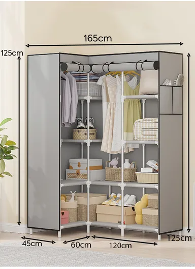 Non-Woven L-Shaped Corner Fabric Cloth Boxes Cabinet with 5 Hanging Rail, Multi-Use Large Space Dustproof Corner Cloth Boxes Cabinet with Side Pocket YH7703 (W165 x D45 x H125)cm - Black