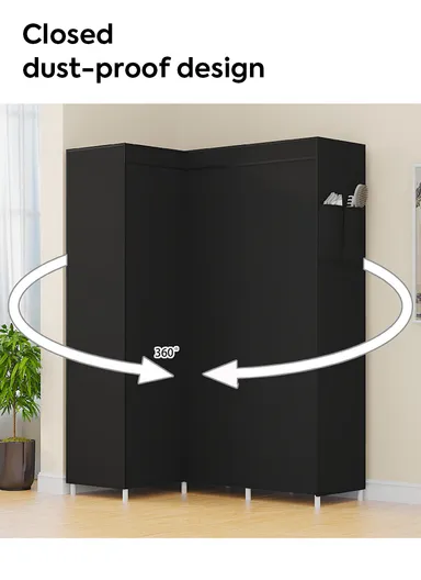 Non-Woven L-Shaped Corner Fabric Cloth Boxes Cabinet with 5 Hanging Rail, Multi-Use Large Space Dustproof Corner Cloth Boxes Cabinet with Side Pocket YH7703 (W165 x D45 x H125)cm - Black