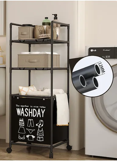 3-Layer Durable Oxford Fabric &amp; Stainless Steel Frame Rolling Laundry Hamper with 4 Caster Wheels (W42 x D31 x H131)cm YH6905 - Black