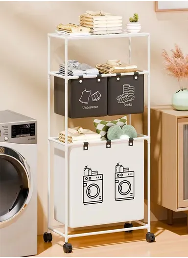 3-Layer Rolling Laundry Hamper Dirty Clothes Storage Cart Portable Oxford Fabric Bag with Sturdy Steel Frame with Wheels (W55 x D25 x H120)cm