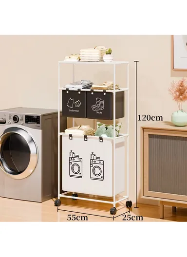 3-Layer Rolling Laundry Hamper Dirty Clothes Storage Cart Portable Oxford Fabric Bag with Sturdy Steel Frame with Wheels (W55 x D25 x H120)cm