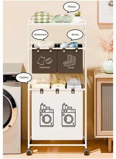 3-Layer Rolling Laundry Hamper Dirty Clothes Storage Cart Portable Oxford Fabric Bag with Sturdy Steel Frame with Wheels (W55 x D25 x H120)cm