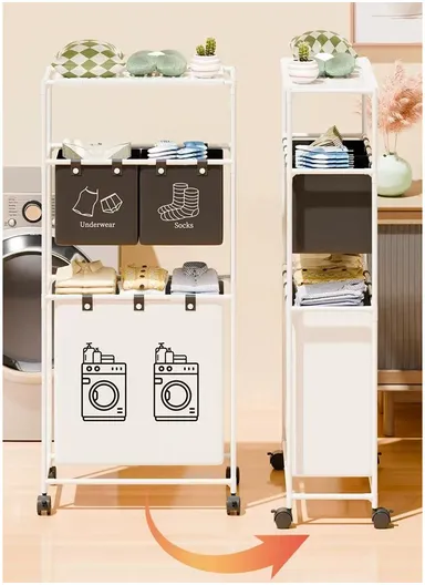 3-Layer Rolling Laundry Hamper Dirty Clothes Storage Cart Portable Oxford Fabric Bag with Sturdy Steel Frame with Wheels (W55 x D25 x H120)cm