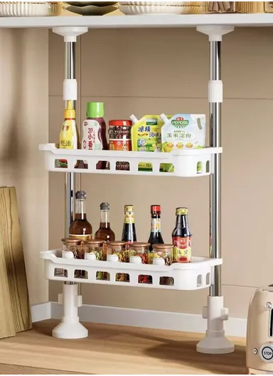 2-Tier Non-Perforated Adjustable Kitchen Storage Rack Countertop Spice Organizer Shelf 8806-2 (L50 x W18 x H40-70)cm - White