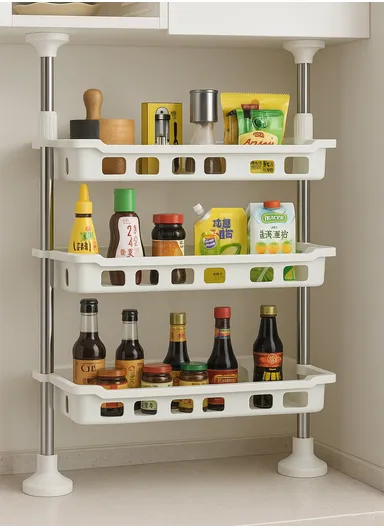 3-Tier Non-Perforated Adjustable Kitchen Storage Rack Countertop Spice Organizer Shelf 8806-3 (L50 x W18 x H40-70)cm - White