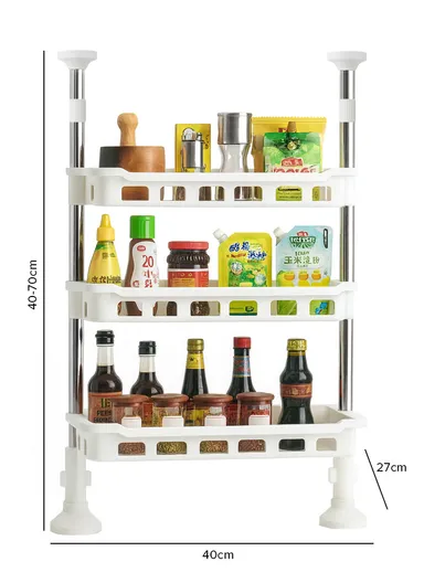 3-Tier Non-Perforated Adjustable Kitchen Storage Rack Countertop Spice Organizer Shelf 8806-3 (L50 x W18 x H40-70)cm - White