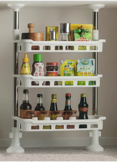 3-Tier Non-Perforated Adjustable Kitchen Storage Rack Countertop Spice Organizer Shelf 8806-3 (L50 x W18 x H40-70)cm - White