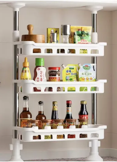 3-Tier Non-Perforated Adjustable Kitchen Storage Rack Countertop Spice Organizer Shelf 8806-3 (L50 x W18 x H40-70)cm - White