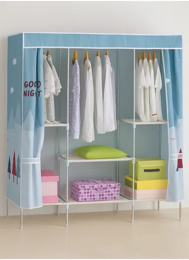 3-Section Non-Woven Fabric Cloth Boxes Cabinet with 3 Hanging Rails, Multi-Use Large Space Dustproof Boxes Cabinet (W148 x D45 x H170)cm - Blue