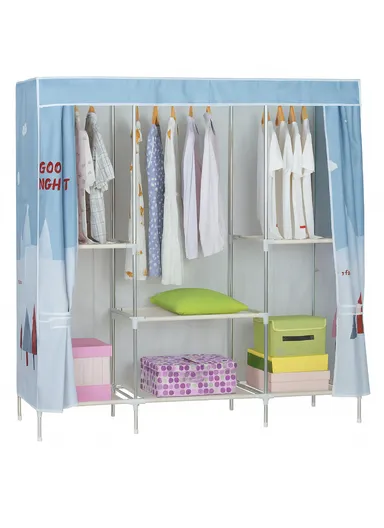 3-Section Non-Woven Fabric Cloth Boxes Cabinet with 3 Hanging Rails, Multi-Use Large Space Dustproof Boxes Cabinet (W148 x D45 x H170)cm - Blue