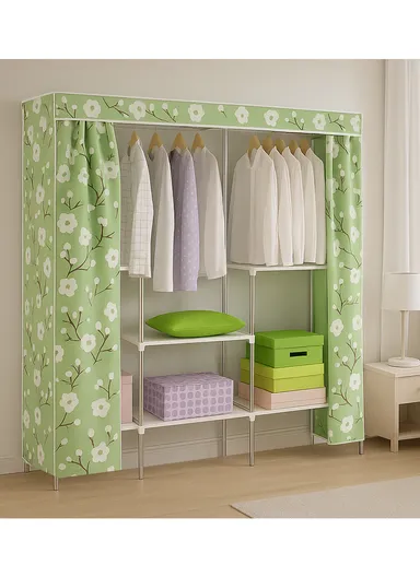 3-Section Non-Woven Fabric Cloth Boxes Cabinet with 3 Hanging Rails, Multi-Use Large Space Dustproof Boxes Cabinet (W148 x D45 x H170)cm - Green