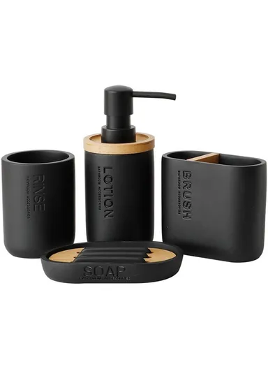 4 Pcs Resin Decorative Soap Dish With Wooden &amp; Bamboo Accessories, Toothbrush Holder, Soap Dispenser &amp; Cup, Bathroom Accessories Set - Black