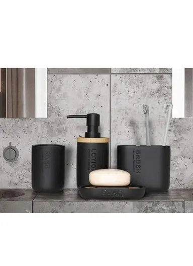 4 Pcs Resin Decorative Soap Dish With Wooden &amp; Bamboo Accessories, Toothbrush Holder, Soap Dispenser &amp; Cup, Bathroom Accessories Set - Black