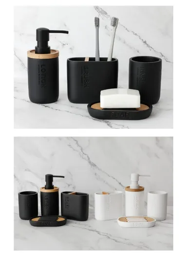 4 Pcs Resin Decorative Soap Dish With Wooden &amp; Bamboo Accessories, Toothbrush Holder, Soap Dispenser &amp; Cup, Bathroom Accessories Set - Black