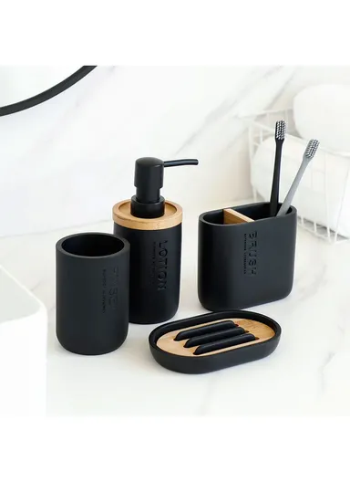 4 Pcs Resin Decorative Soap Dish With Wooden &amp; Bamboo Accessories, Toothbrush Holder, Soap Dispenser &amp; Cup, Bathroom Accessories Set - Black