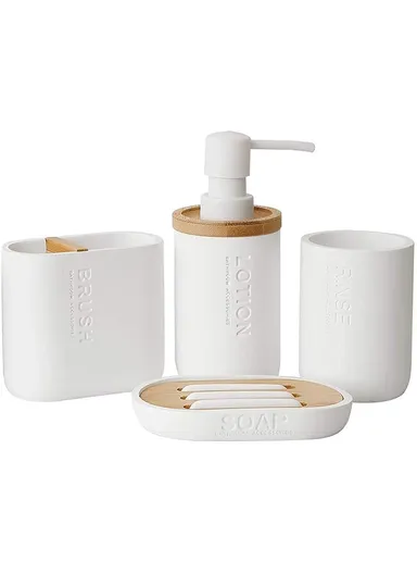 4-Pcs Resin Decorative Soap Dish With Wooden &amp; Bamboo Accessories, Toothbrush Holder, Soap Dispenser &amp; Cup, Bathroom Accessories Set - White