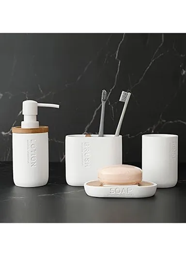 4-Pcs Resin Decorative Soap Dish With Wooden &amp; Bamboo Accessories, Toothbrush Holder, Soap Dispenser &amp; Cup, Bathroom Accessories Set - White