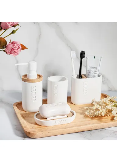 4-Pcs Resin Decorative Soap Dish With Wooden &amp; Bamboo Accessories, Toothbrush Holder, Soap Dispenser &amp; Cup, Bathroom Accessories Set - White