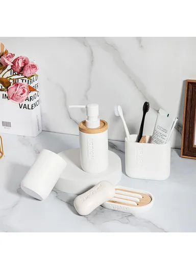 4-Pcs Resin Decorative Soap Dish With Wooden &amp; Bamboo Accessories, Toothbrush Holder, Soap Dispenser &amp; Cup, Bathroom Accessories Set - White