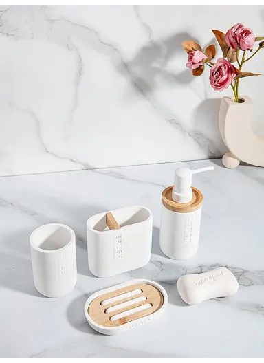 4-Pcs Resin Decorative Soap Dish With Wooden &amp; Bamboo Accessories, Toothbrush Holder, Soap Dispenser &amp; Cup, Bathroom Accessories Set - White