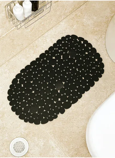 69x35cm Anti Bacterial Oval PVC Mat With Stone Pattern Design &amp; Anti Slip Suction Cups for Bathroom Floor - Black