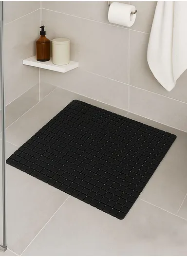 52x52cm Rubber Bath Shower Mat Anti-slip Drainage Floor Bathroom Stall Rug With Drain Hole - Black