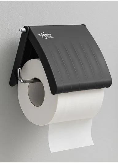 Bathroom Toilet Paper Holder, Self Adhesive Toilet Paper Roll Holder with Stainless Steel Arm &amp; Plastic Cover - Black