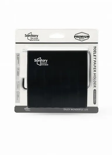 Bathroom Toilet Paper Holder, Self Adhesive Toilet Paper Roll Holder with Stainless Steel Arm &amp; Plastic Cover - Black